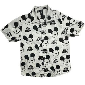 Disney Neff Shirt Mens Small Mickey Mouse Oh Boy White Black Button 100% Cotton